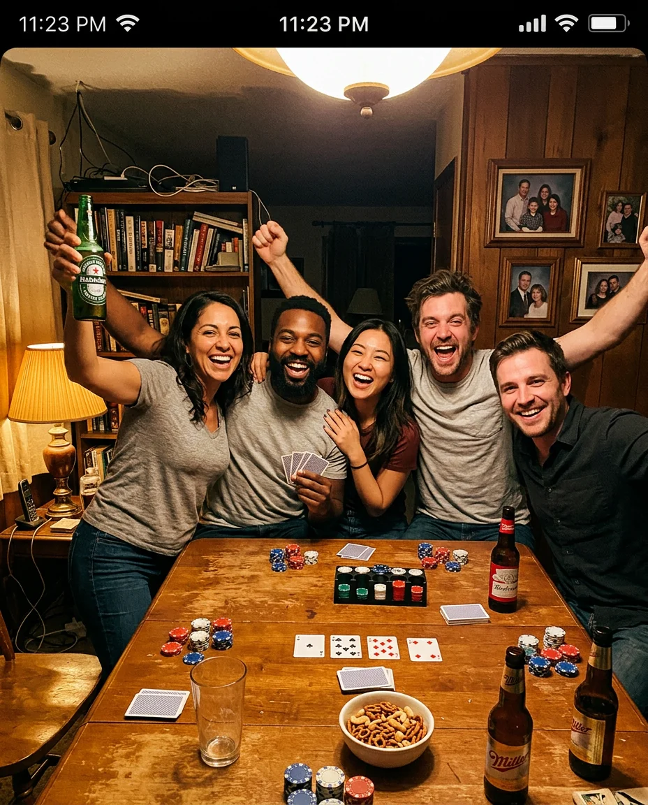 Friends celebrating around a home poker table