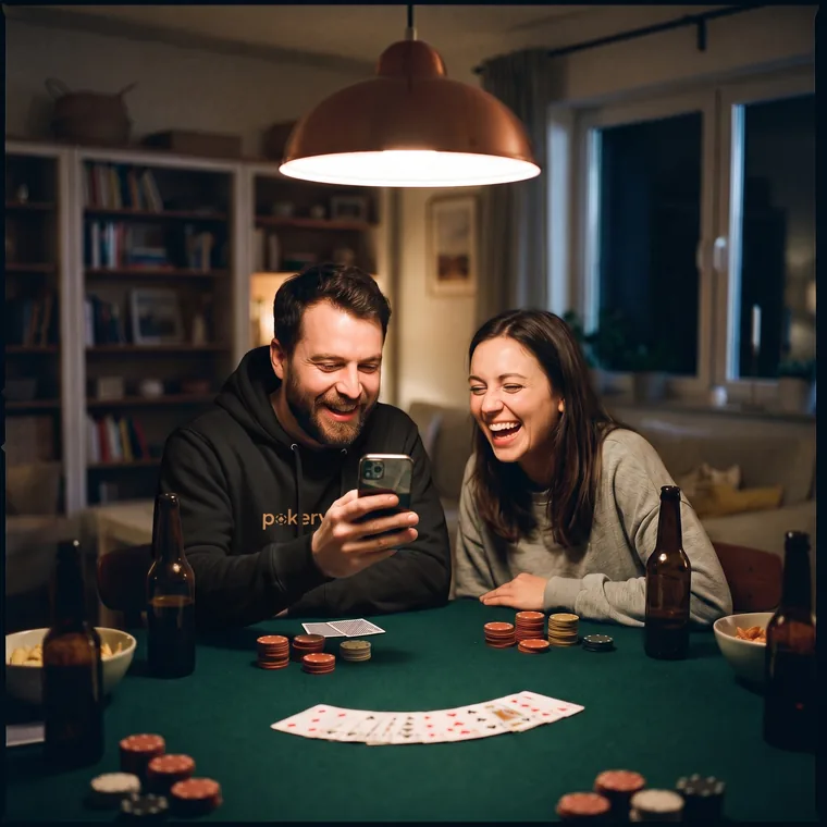 Two friends laughing at a home game while filming on a phone