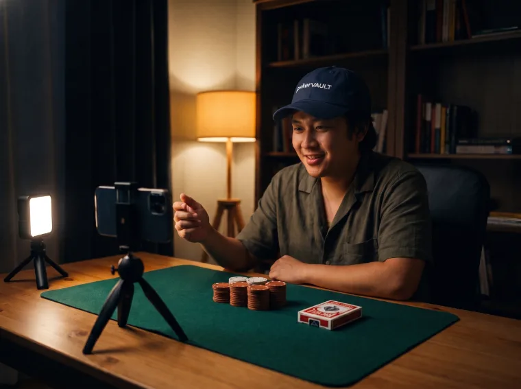 A creator recording a video at a desk beside a stack of chips
