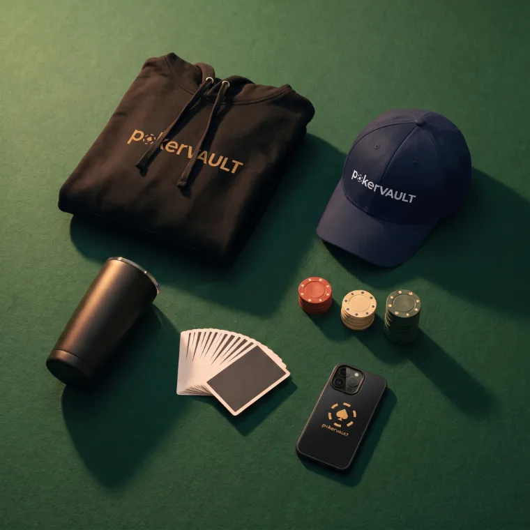 PokerVault apparel and poker gear laid out on green felt