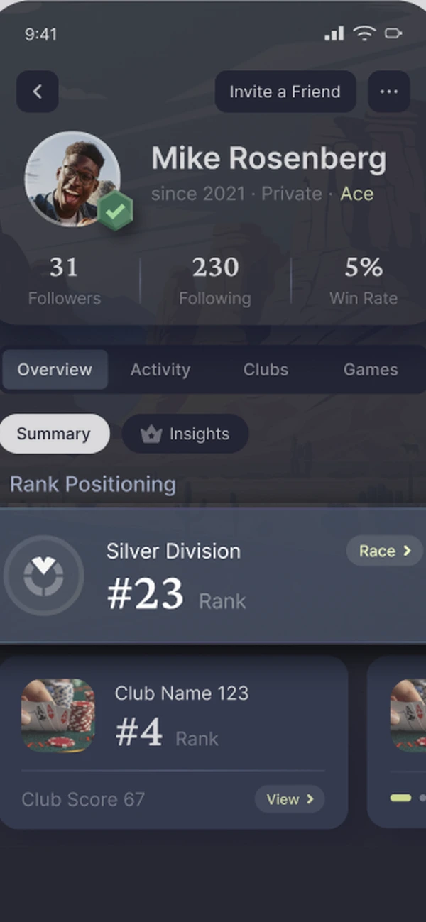 A PokerVault player profile showing division and club rankings