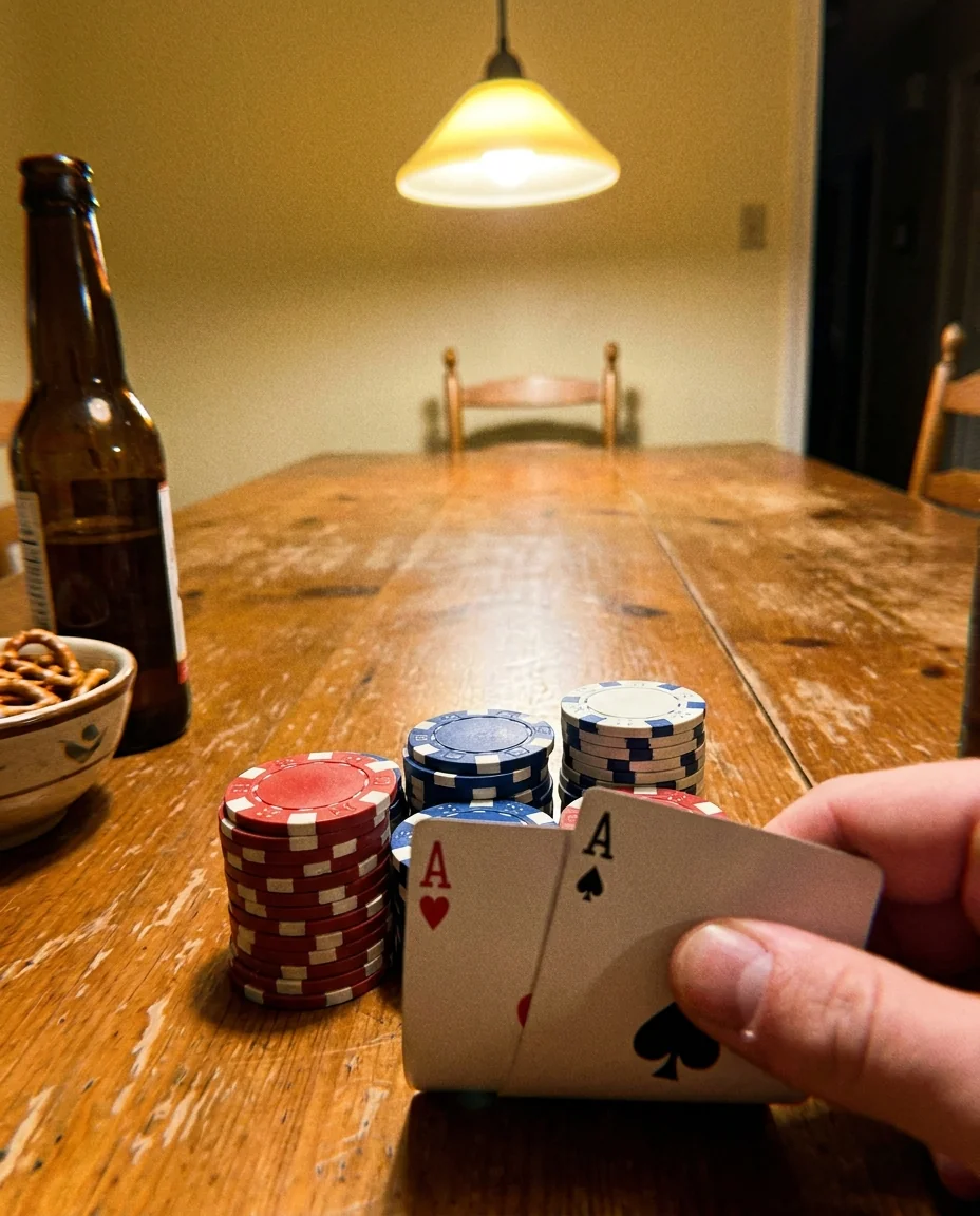 Pocket aces held over a wooden table